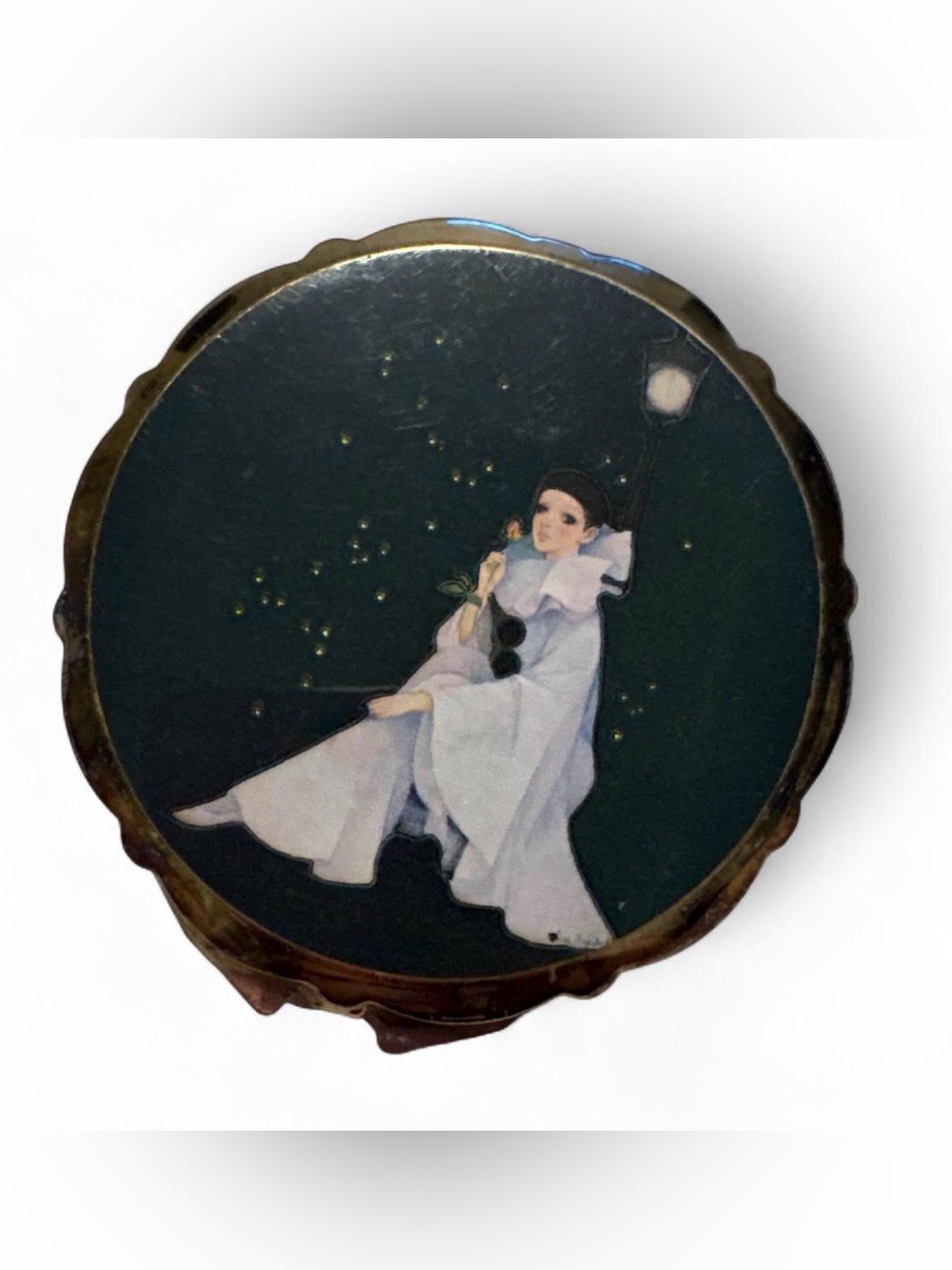 Vitg Made in Japan Pierrot Clown Compact Mirror Powder Case 3” Round Gold Tone